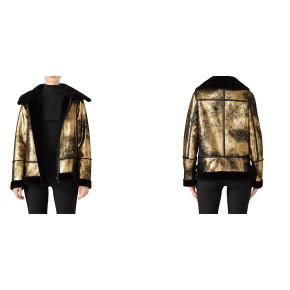 Avec Les Filles Gold Metallic Faux Fur Moto Jacket Festival Runway - Picture 1 of 6